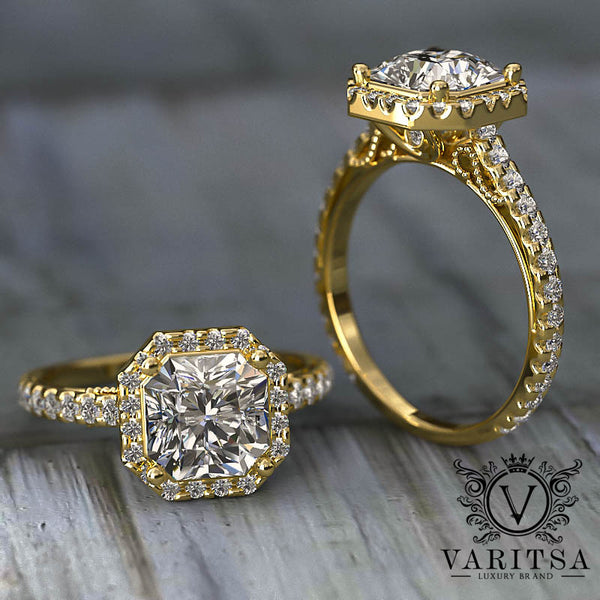 Gold Pave Halo and Shank 2.74 Carat Diamond Engagement Ring (Radiant Centre) - 02US61